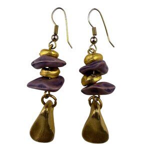Handmade Womens Purple Gold-Tone Mixed Metal Dangle Earrings